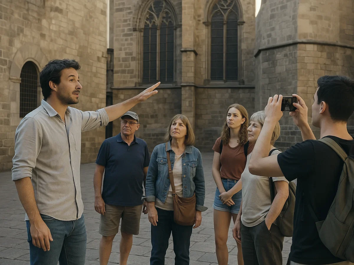 A local guide pointing out the Gothic stonework of Barcelona's old town to a small group of guests