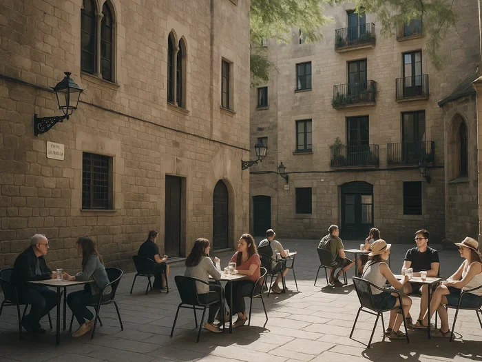 People at café tables in a stone square in the Gothic Quarter