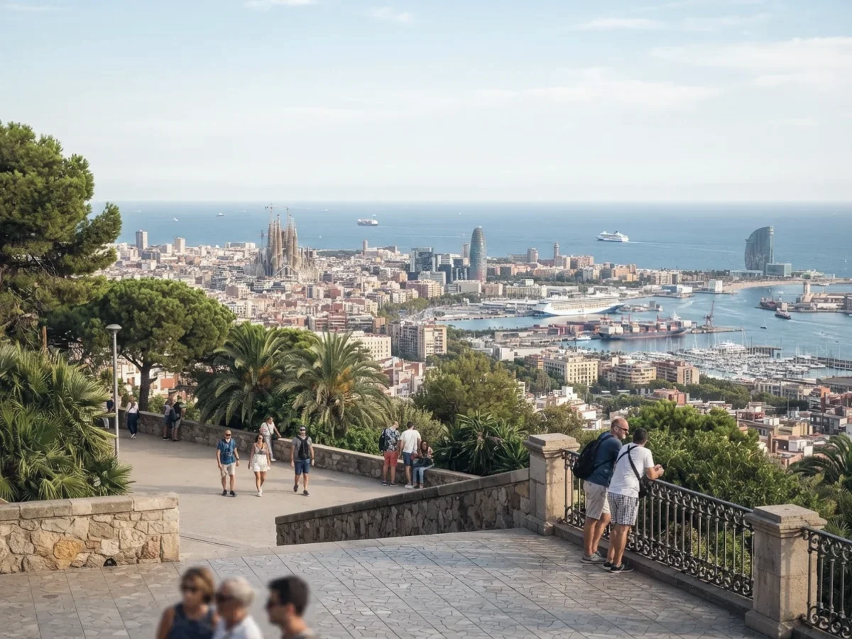 Visitors at a viewpoint over Barcelona and its port
