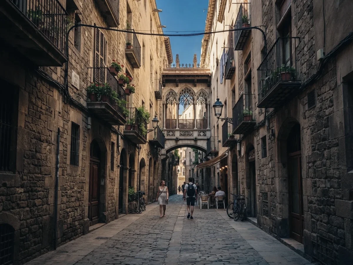 A carved stone bridge over a narrow Gothic Quarter street