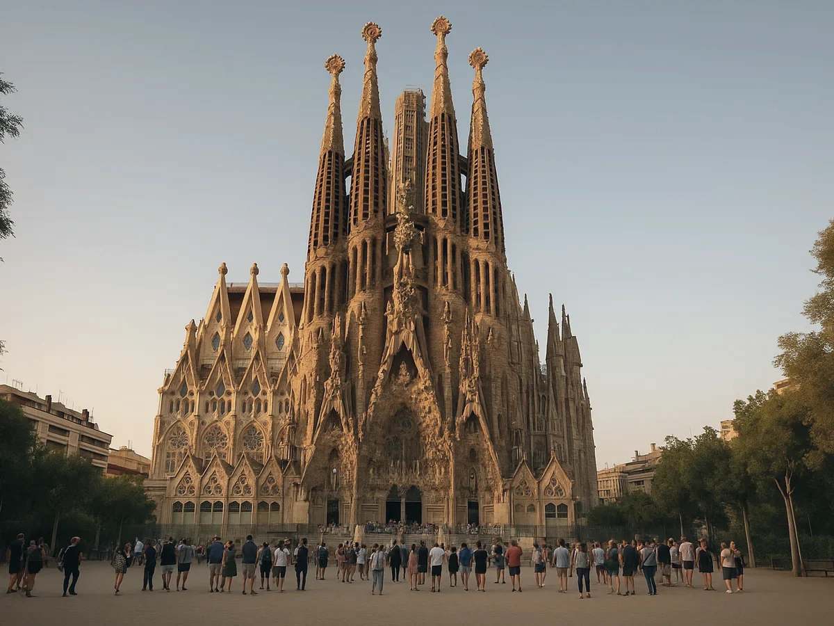 The Sagrada Família at golden hour, with visitors in front