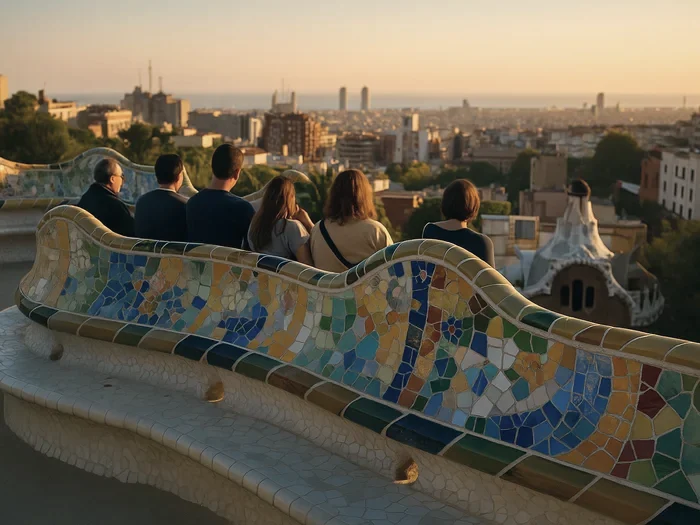 Guests on the mosaic bench at Park Güell looking over Barcelona