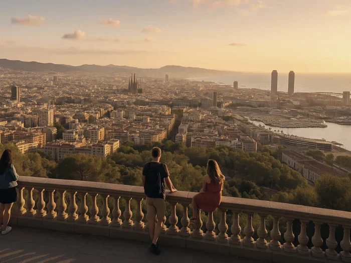 Visitors looking over Barcelona at sunset from a hilltop terrace