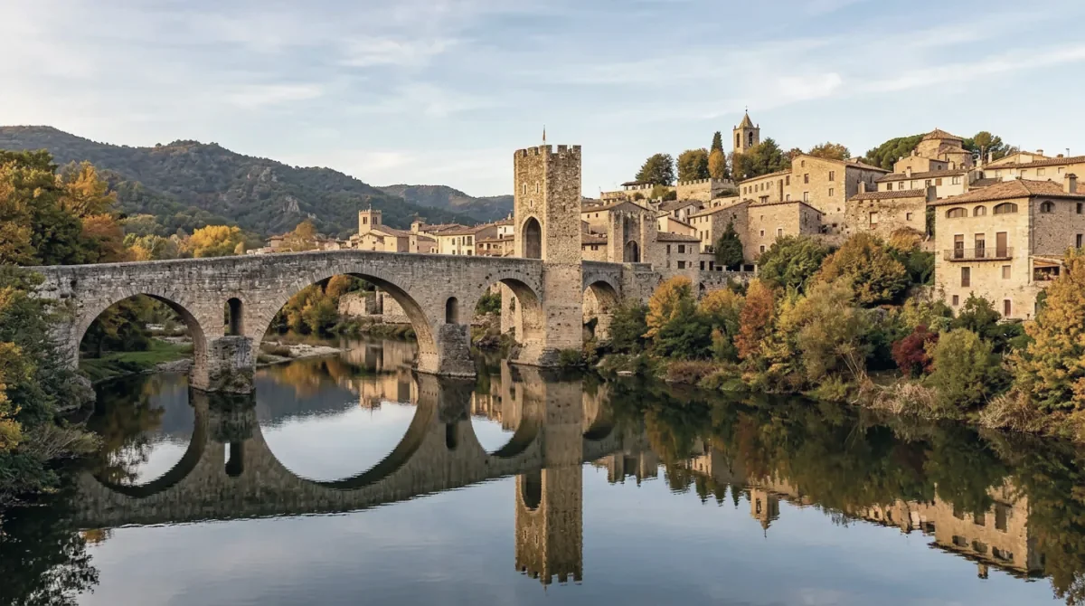 The medieval stone bridge of Besalú reflected in the river below the village