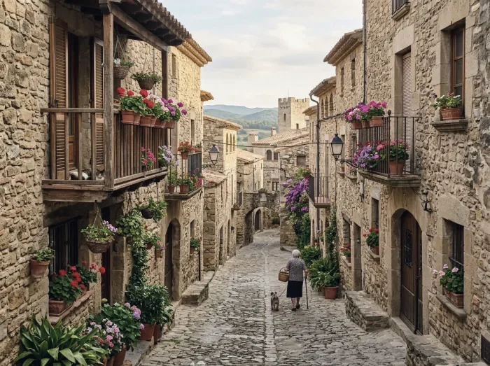 A cobbled lane between stone houses with flowers on the balconies