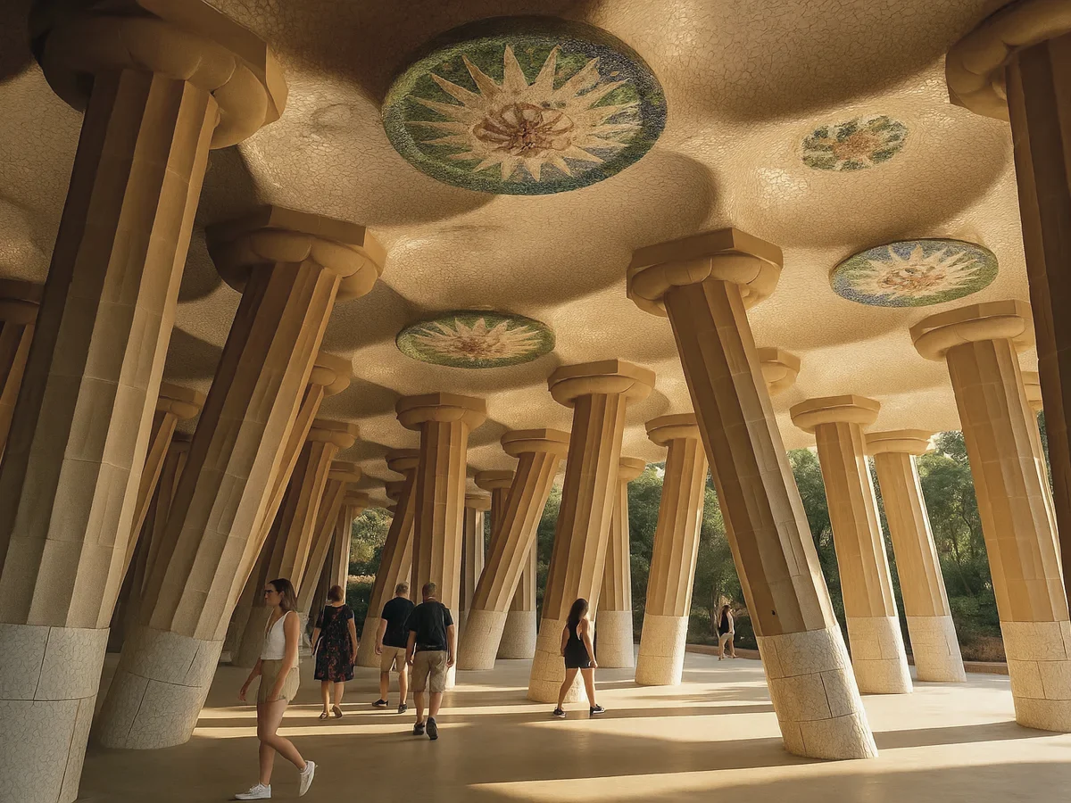 The Hypostyle Room columns and mosaic ceiling at Park Güell