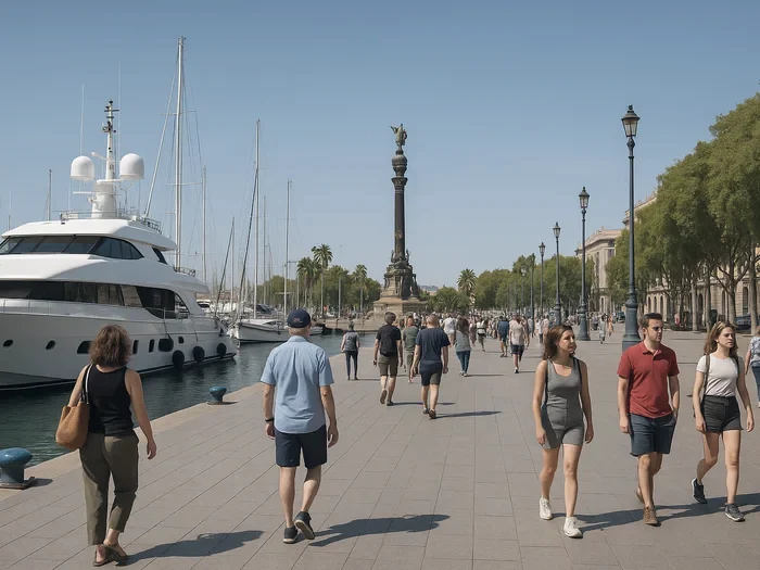 The Port Vell waterfront promenade with the Columbus Monument