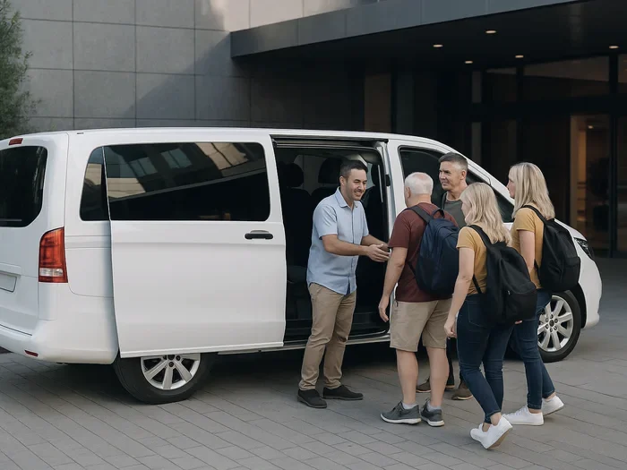 A driver-guide greeting guests beside a white minivan at a hotel entrance