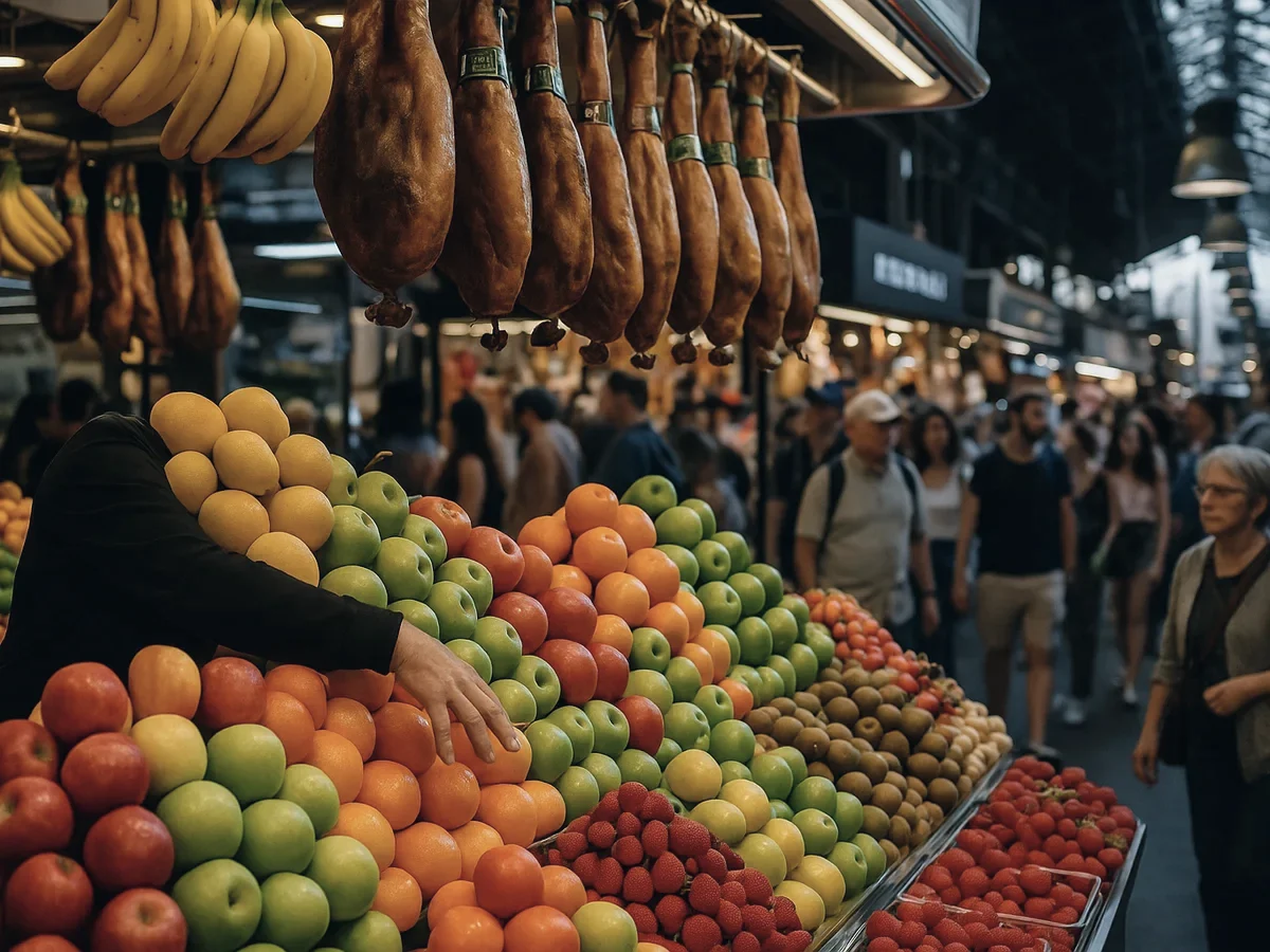 Fruit stalls and hanging hams in a busy Barcelona food market