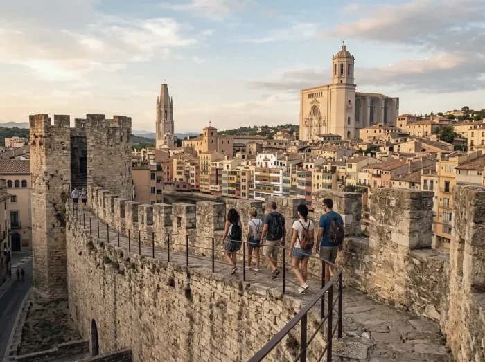 Visitors walking along the medieval walls of Girona, with the cathedral beyond