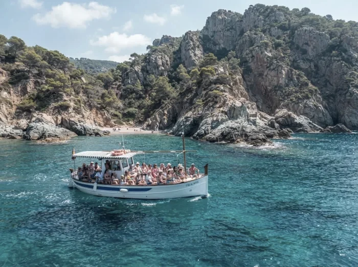 A boat crossing a rocky Costa Brava cove