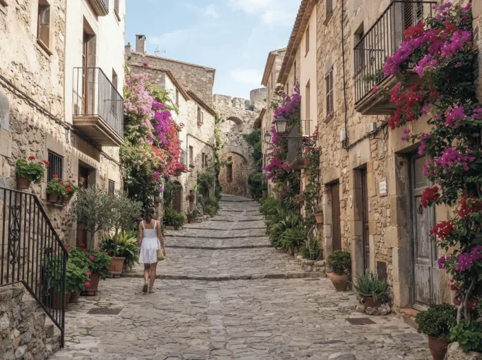 A stepped lane of stone houses and bougainvillea in a Costa Brava old town
