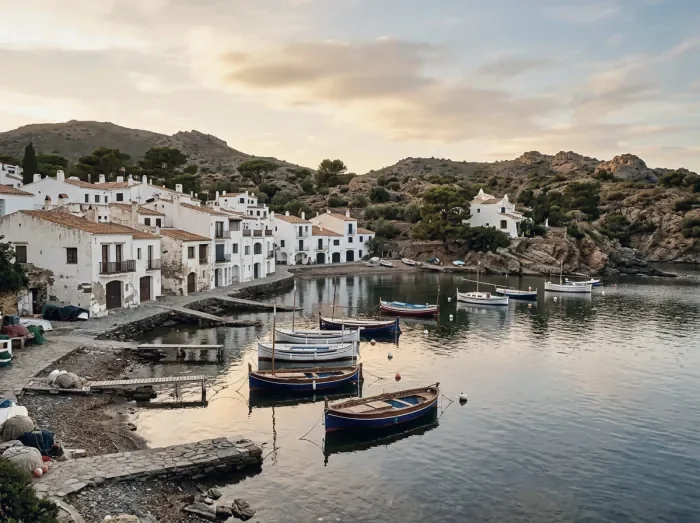 Fishing boats in a calm bay below white houses