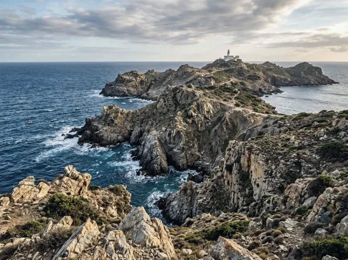 A rocky headland with a lighthouse above the sea