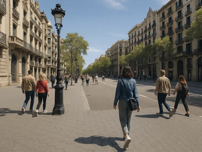 Walkers on a wide, tree-lined Eixample avenue