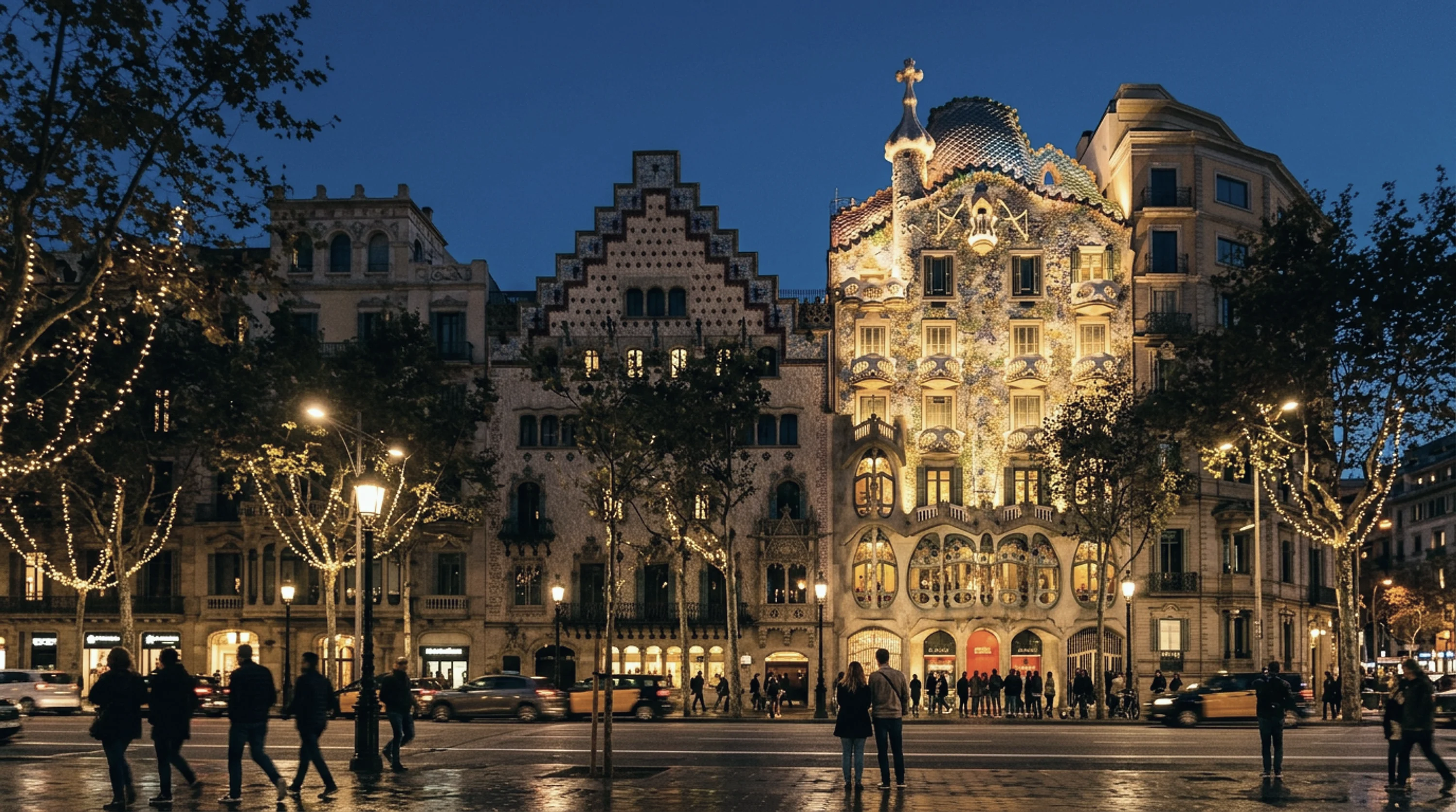 Casa Batlló's illuminated facade at dusk