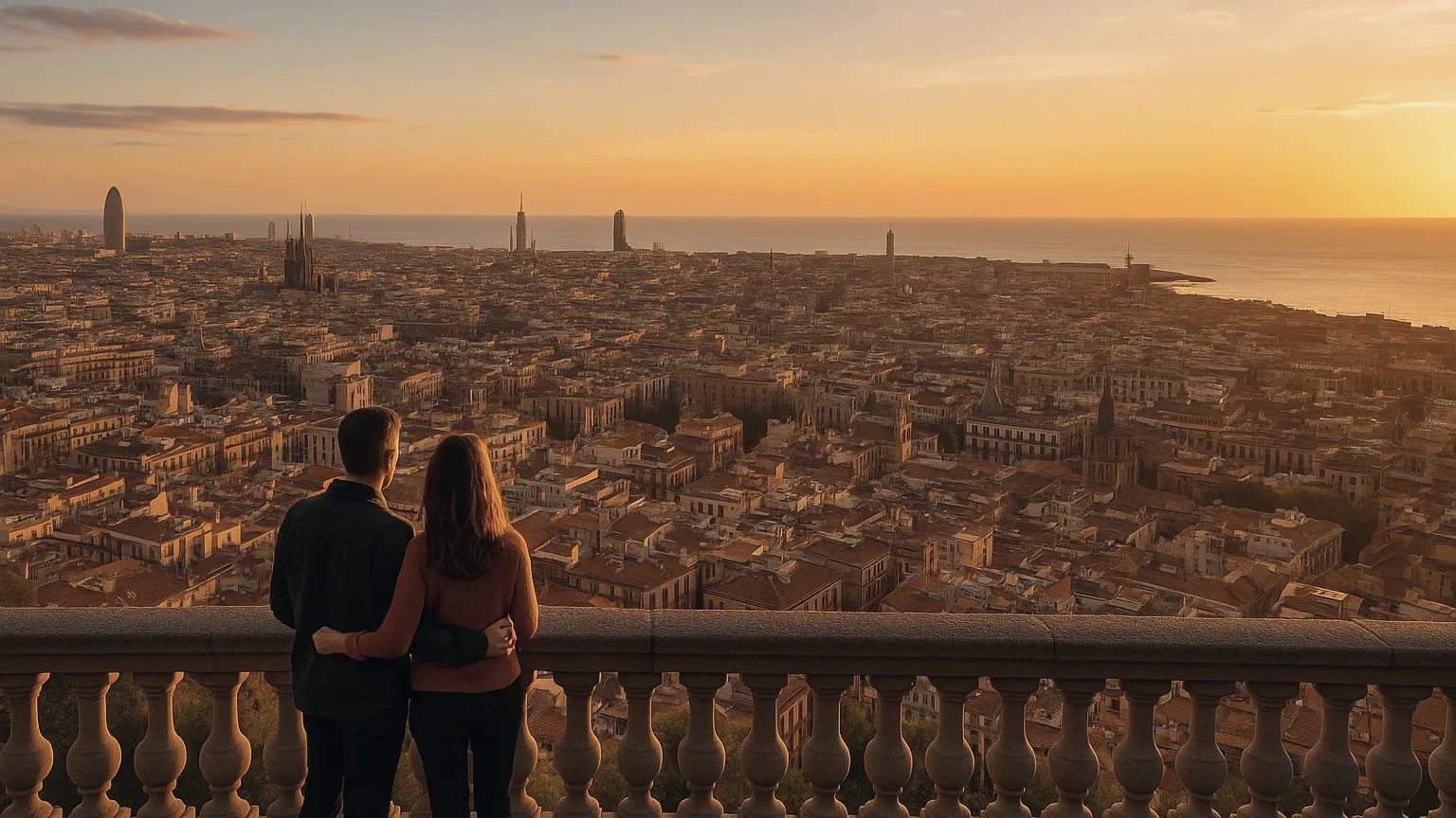 A couple looking out over Barcelona at sunset from a stone balustrade