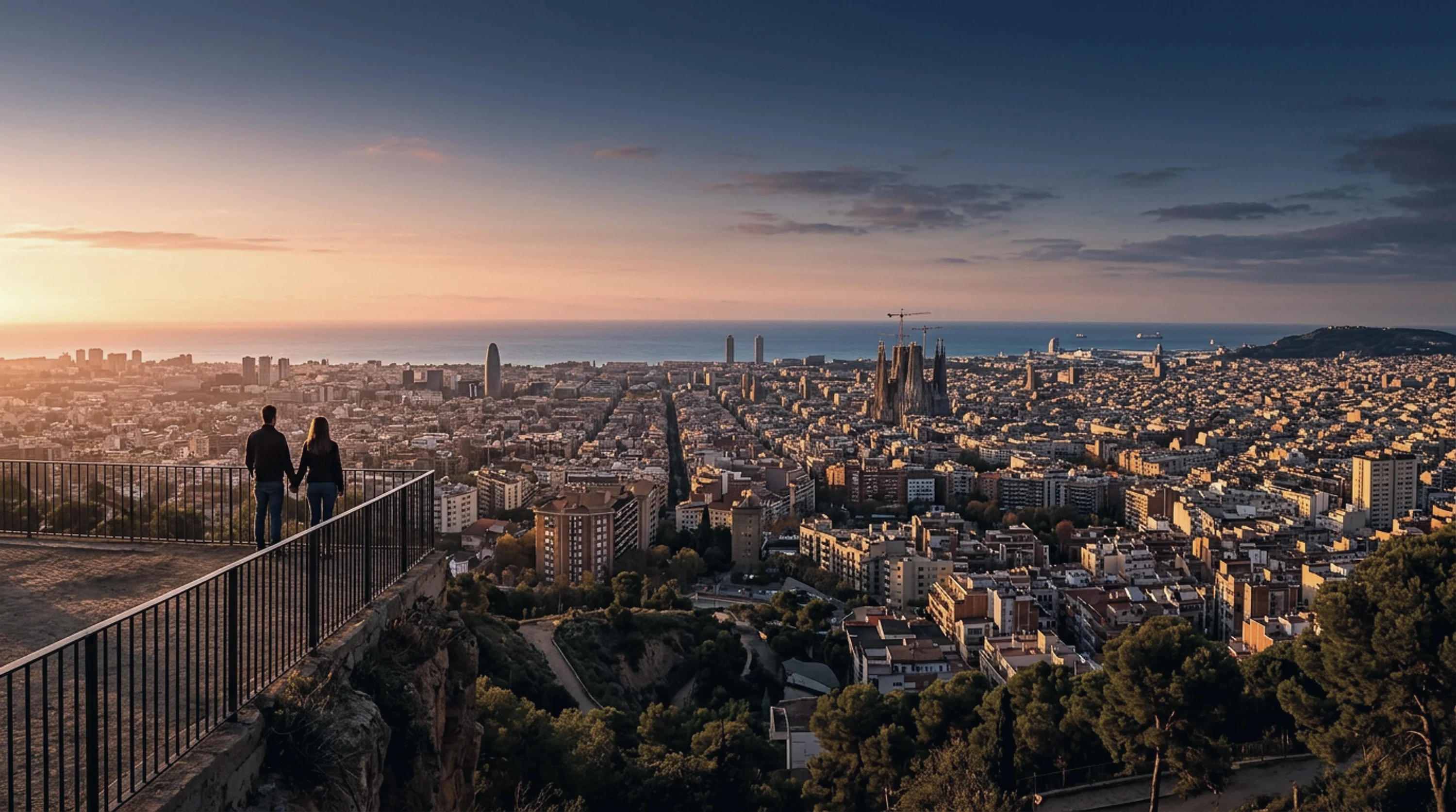 A panoramic Barcelona skyline view from Montjuïc at golden hour
