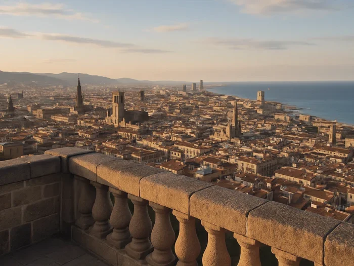 Barcelona rooftops at sunset seen from a stone balustrade