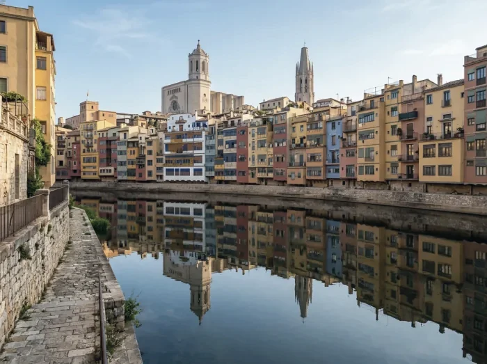 Houses along the Onyar River in Girona, with the cathedral towers behind