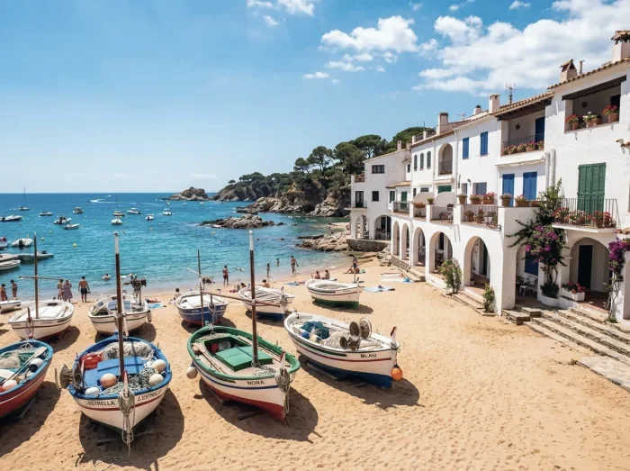 Fishing boats drawn up on a Costa Brava beach below white houses