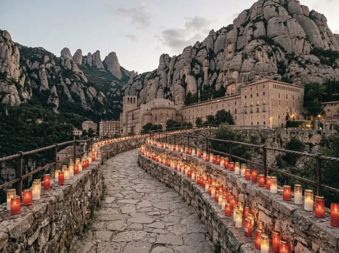 A path lined with candles leading to the Montserrat monastery