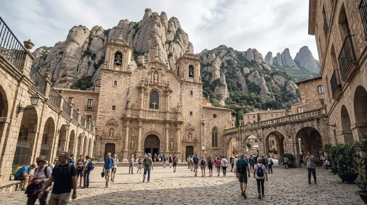The Montserrat basilica square framed by rock pinnacles