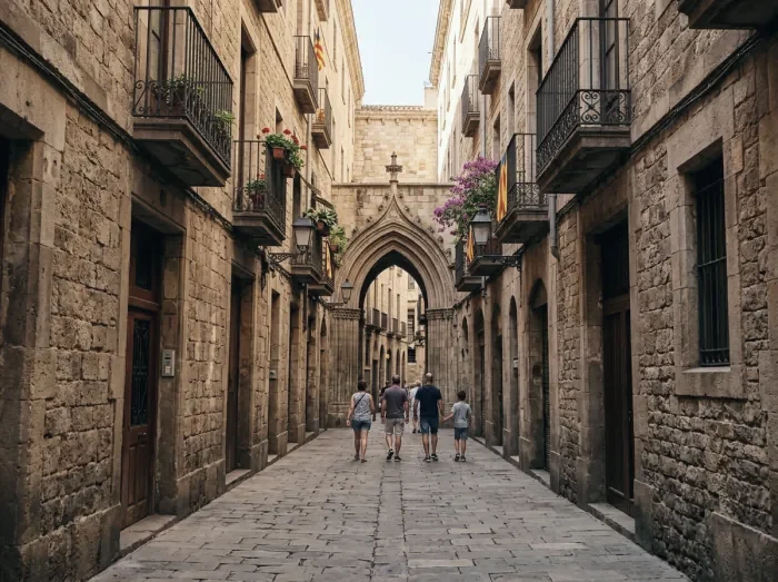 A narrow stone street with a Gothic arch in Barcelona's old town
