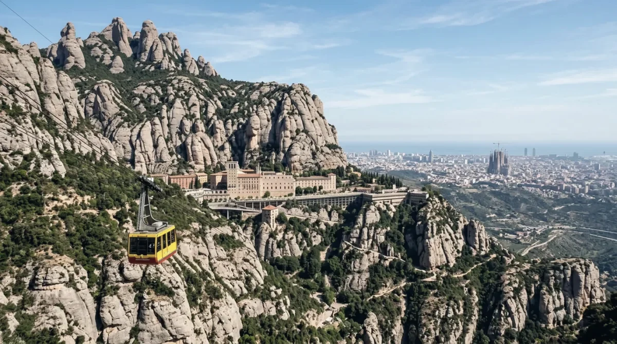 The Montserrat cable car climbing toward the monastery among the rock pinnacles