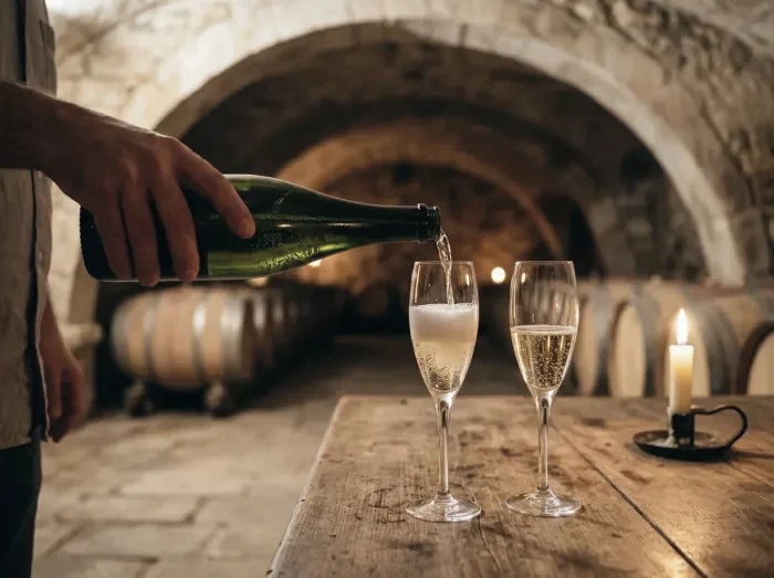 Cava poured into glasses in a candlelit wine cellar