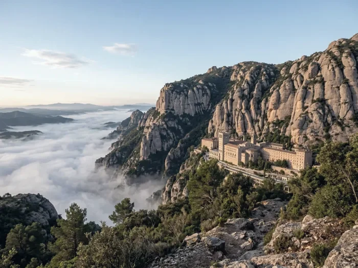 The Montserrat monastery on its mountain ledge above a sea of cloud