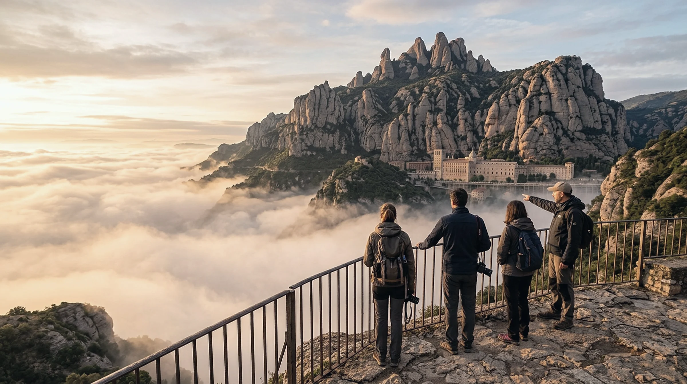 A guide pointing out Montserrat Monastery and its jagged peaks to three guests above a sea of morning cloud