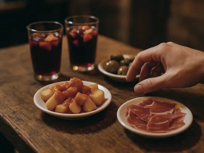 Sangria, patatas bravas and jamón on a tapas bar table