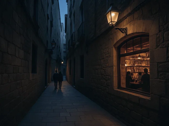 A lantern-lit old town lane beside a tapas bar window