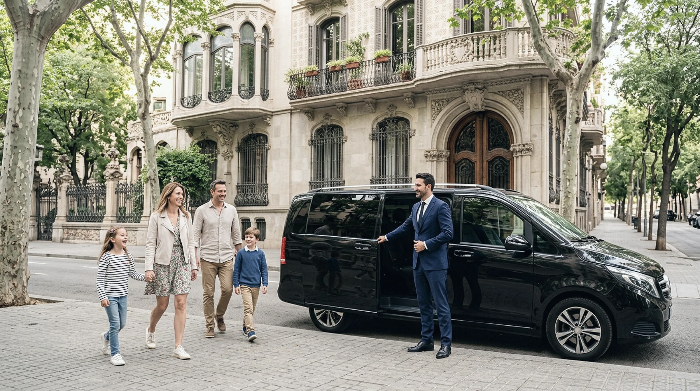 A driver-guide holding the door of a private black van for his guests