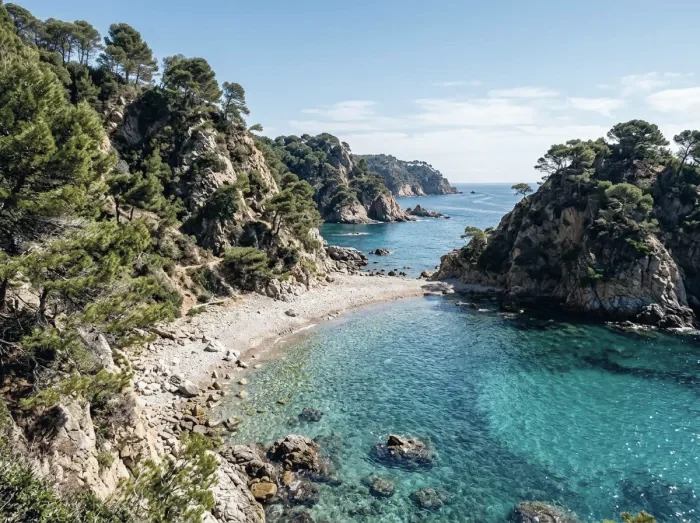 A pine-covered cove with a pebble beach and clear water
