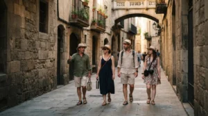 Four travellers in sun hats walk with their guide down a shaded stone lane under an arched bridge in the Gothic Quarter