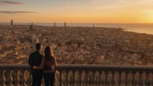 A couple looking over Barcelona from a Montjuic viewpoint at sunset