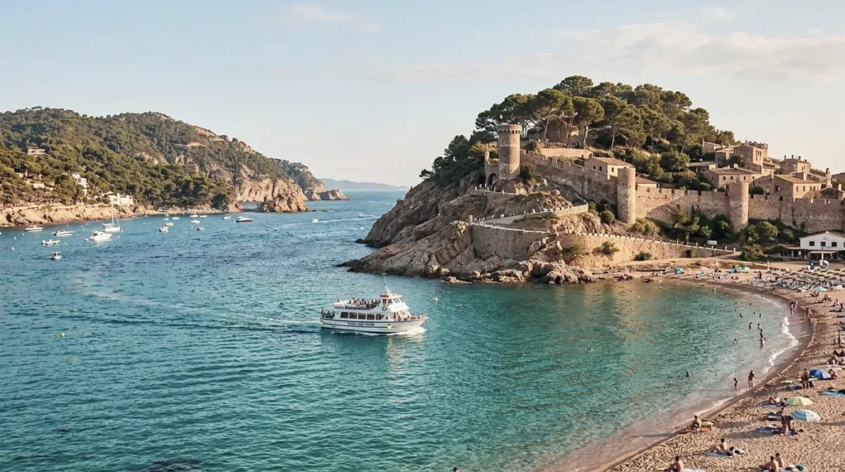 The walled old town of Tossa de Mar on the Costa Brava, with a boat in the bay