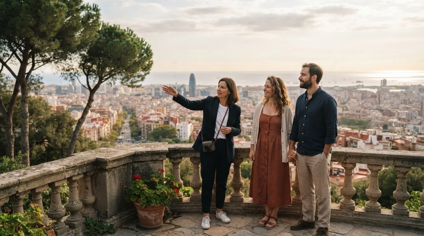 A guide points out the Barcelona skyline to a couple holding hands on a stone balustrade terrace at golden hour