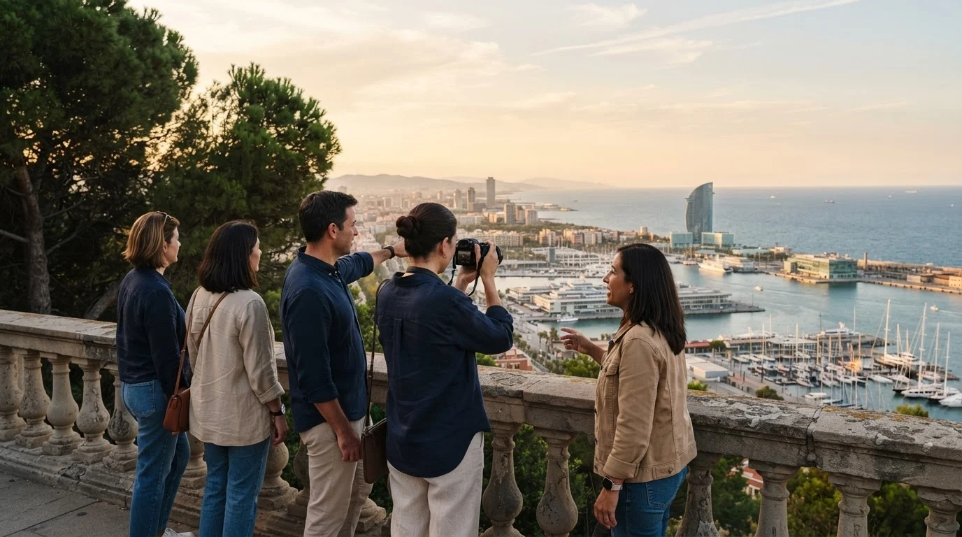 Small group with a guide at a stone balustrade on Montjuic, photographing Barcelona's port and marina in golden light