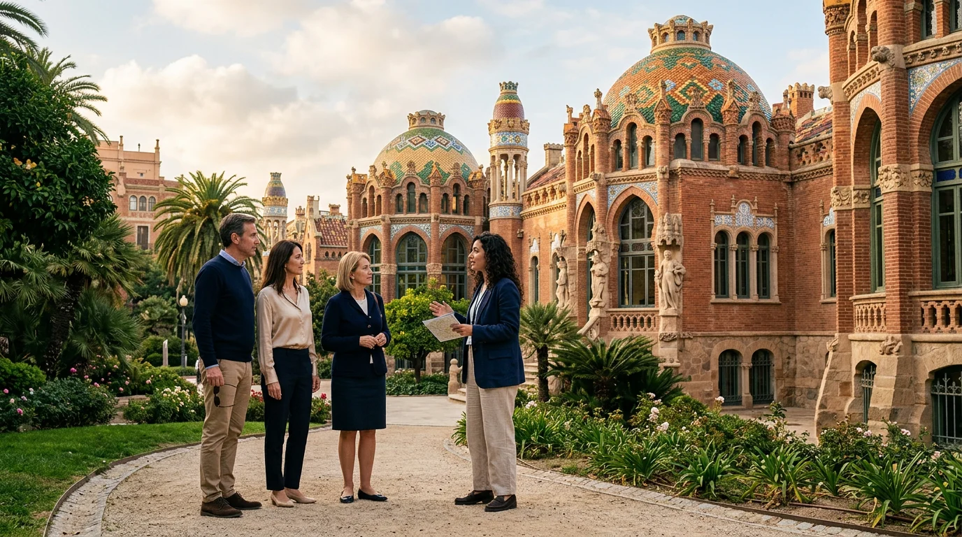 Private group with a guide in the gardens of Hospital de Sant Pau, facing a tiled modernist pavilion