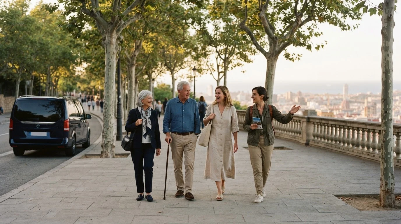 Older couple with their daughter and a guide on a tree-lined Montjuic promenade, Barcelona rooftops and sea behind