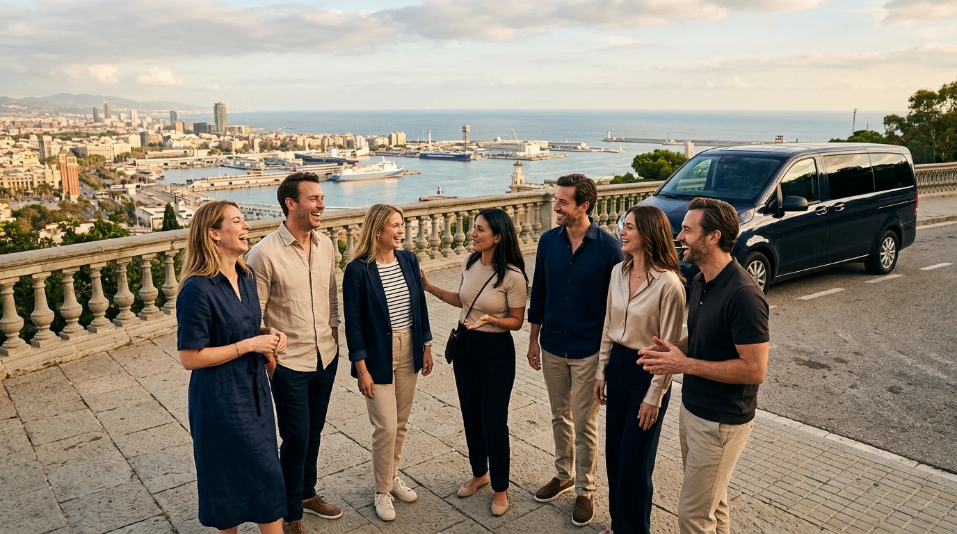 Six adult friends with their guide on a Montjuic viewpoint terrace above the Barcelona port, a dark van parked behind