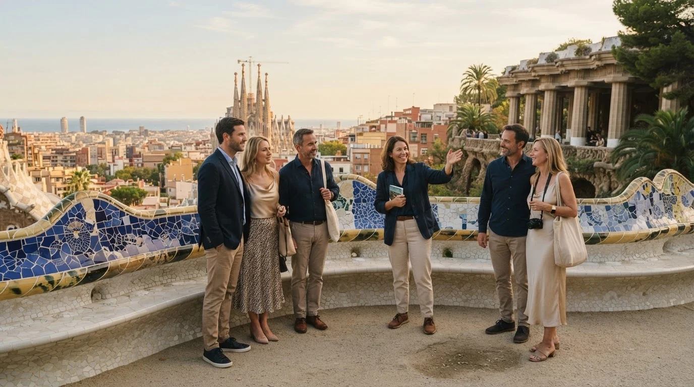 Small group with a guide on the mosaic bench terrace of Park Guell, Sagrada Familia towers visible over Barcelona