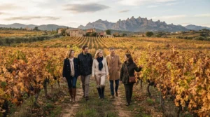Private group with a guide walking through autumn vineyards in Penedes with Montserrat on the horizon