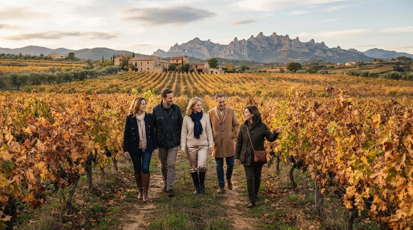 Private group with a guide walking through autumn vineyards in Penedes with Montserrat on the horizon