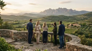 A small group and their guide on a stone viewpoint terrace above green hills and vineyards in Catalonia at golden hour