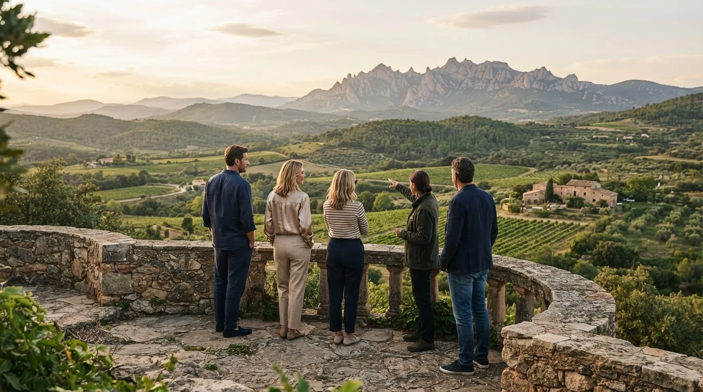 A small group and their guide on a stone viewpoint terrace above green hills and vineyards in Catalonia at golden hour