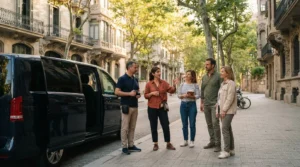 Small group of travellers with their guide beside a dark private van on a tree-lined Barcelona street at golden hour